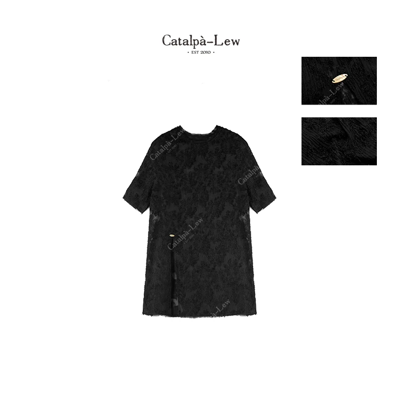 CatalpaLew「繁花」律动莫兰迪侘寂风提花钩纱黑色系T恤 #C7355