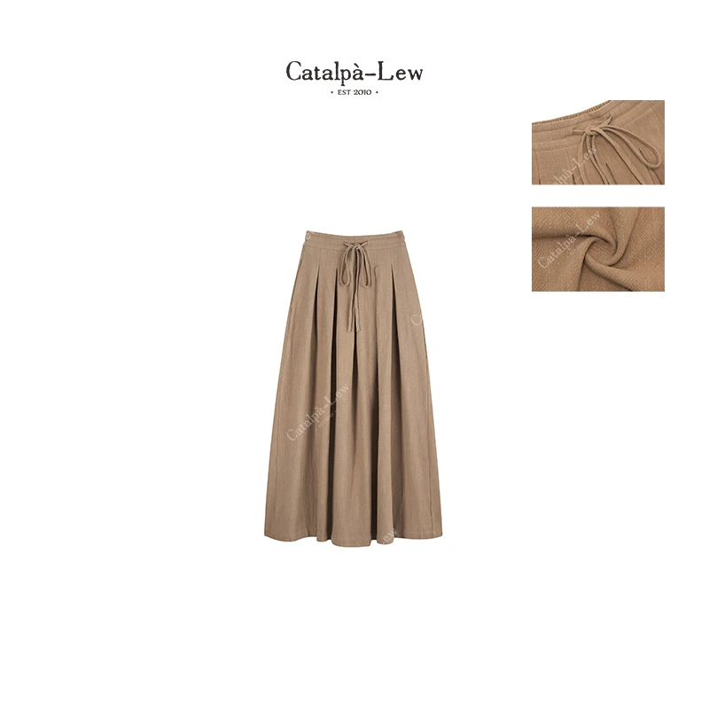 CatalpaLew「镜淋」侘寂亚麻肌理黄泥酵染浮雕花半身裙 #C9199