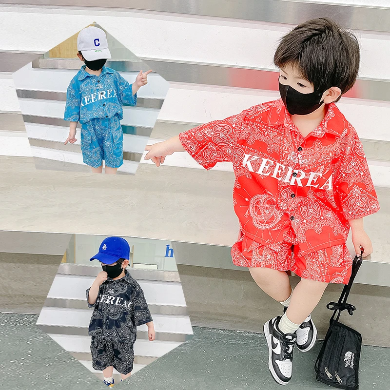 男童衬衫套装2023新款腰果花街衫男宝宝洋气时髦潮时尚夏装衣服