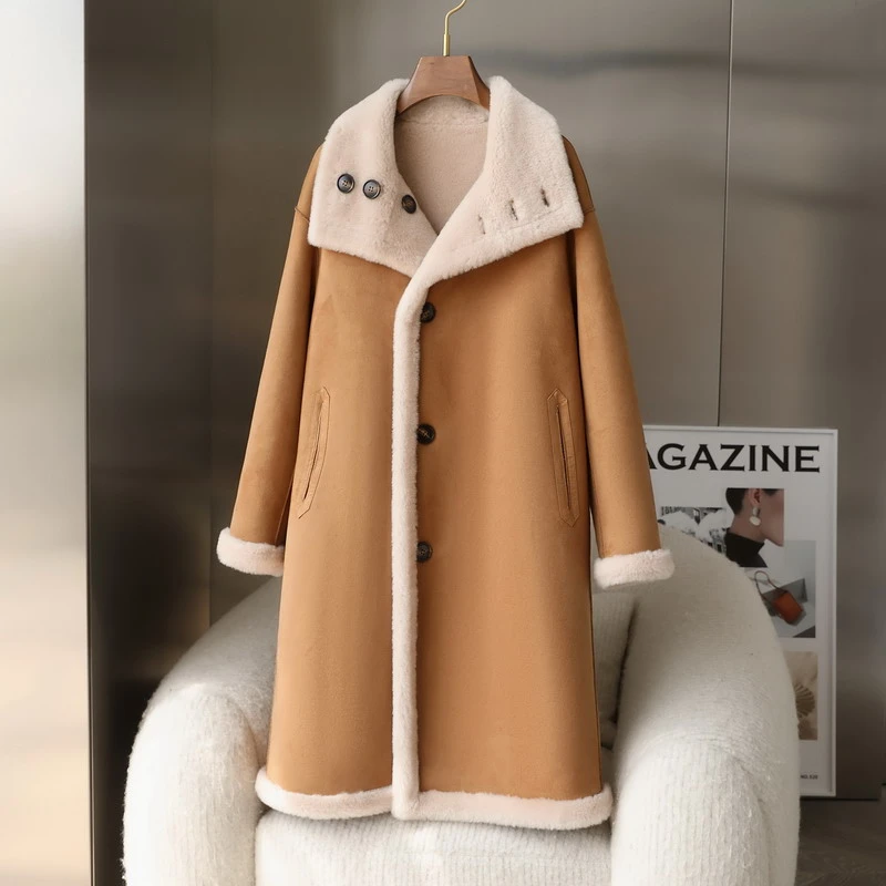 双面穿100%绵羊毛2023新款复合皮毛一体海宁羊剪绒大衣外套女中长