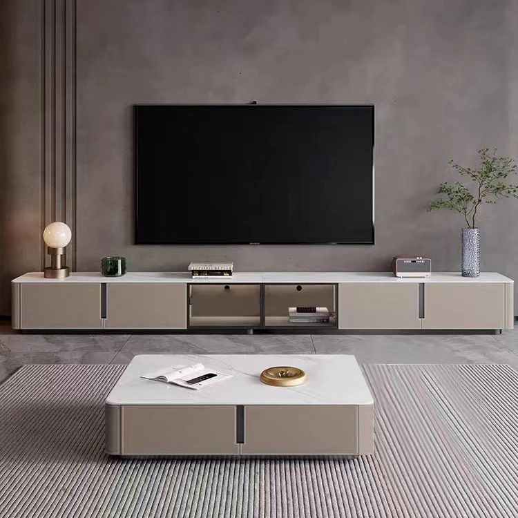 全实木轻奢电视柜茶几组合现代简约烤漆落地柜橡木岩板意式极简风