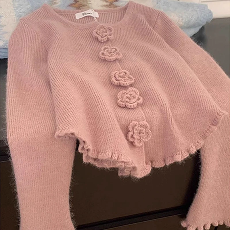 韩系时尚百搭针织衫纯色立体花朵设计感纯欲风辣妹不规则小众毛衣