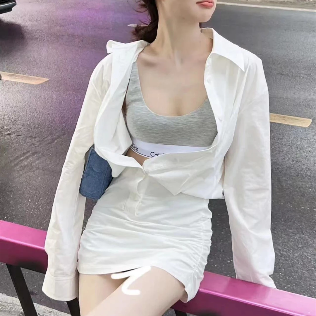 2024春夏白色时尚辣妹褶皱长袖衬衫连衣包裙女百搭修身气质休闲潮