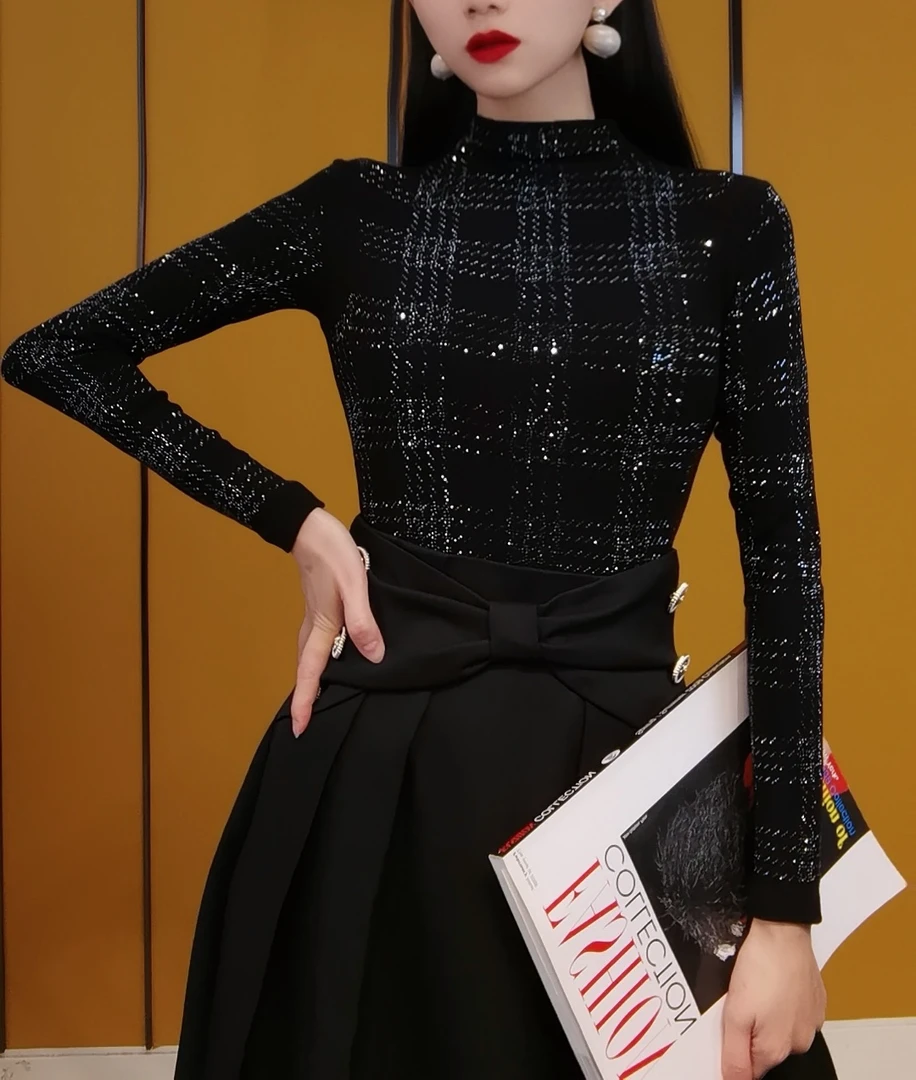 825格子重工烫钻显瘦修身百搭网红洋气秋冬半高领打底衣