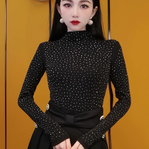 洋气网红法式名媛亮晶晶修身重工镶钻百搭时尚显瘦上衣