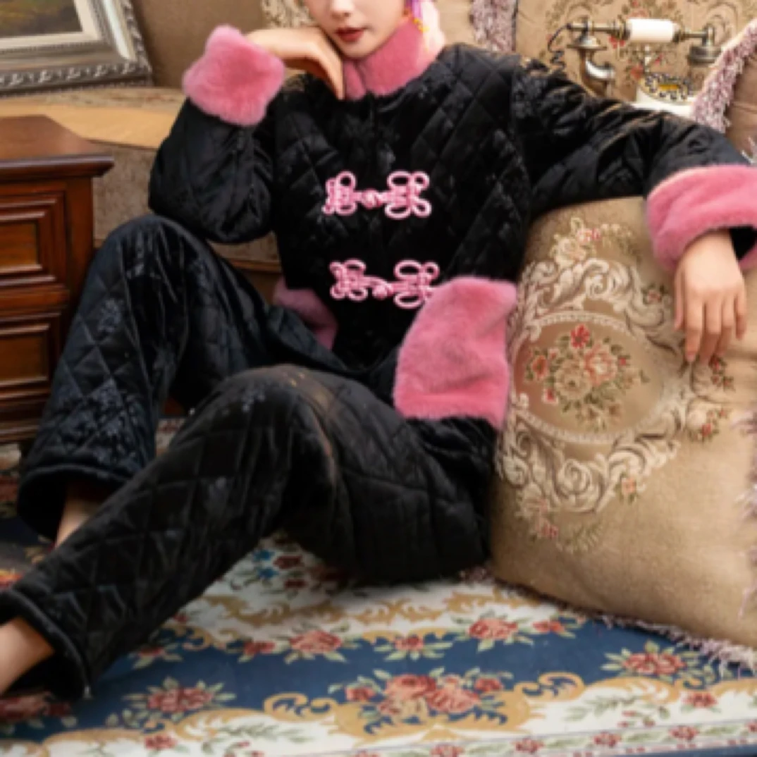 K0019女士国风盘扣三层加厚保暖夹棉袄加家居服可外穿