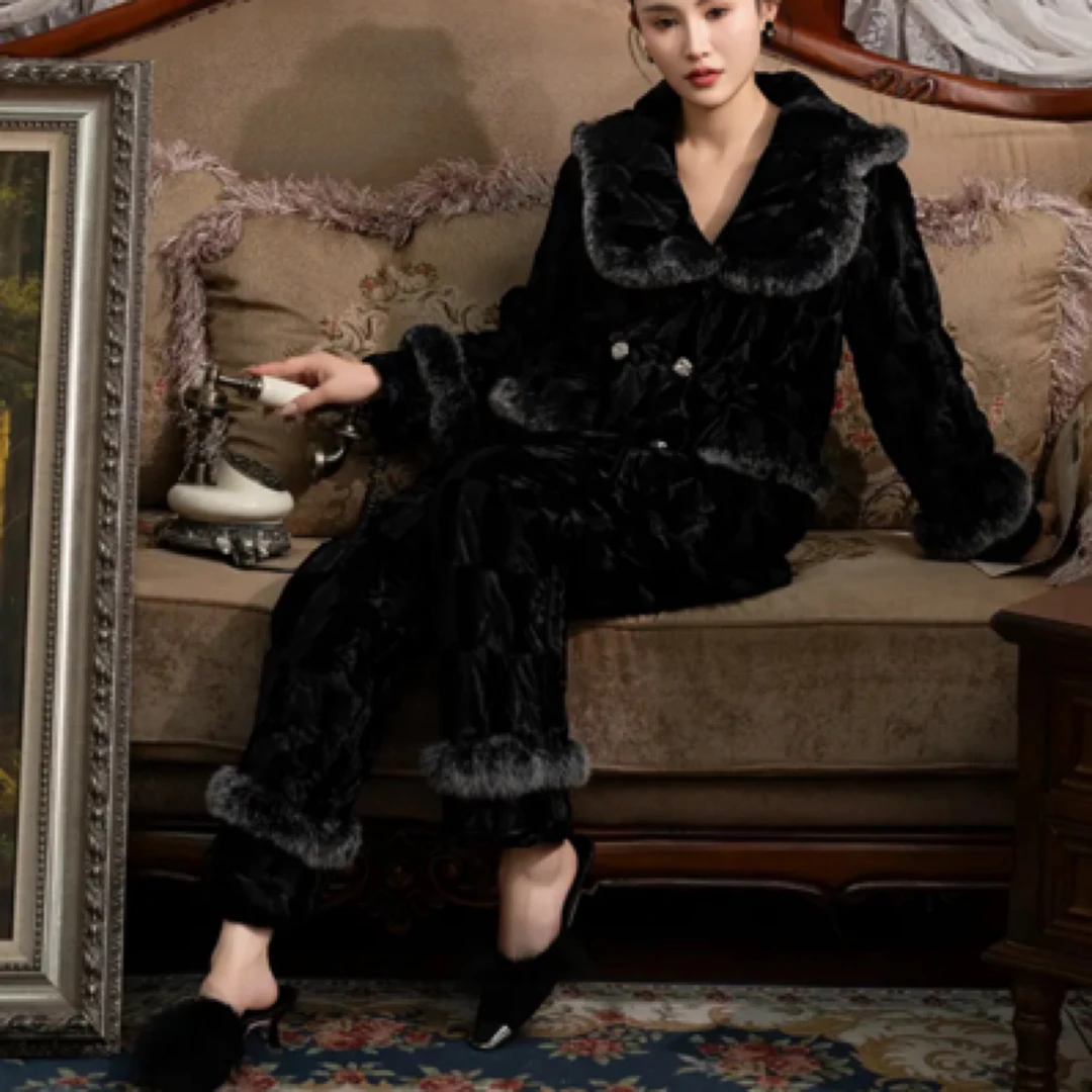 新款冬季毛毛拼接睡衣奢华三层加绒加厚夹棉简约可外穿家居服套装