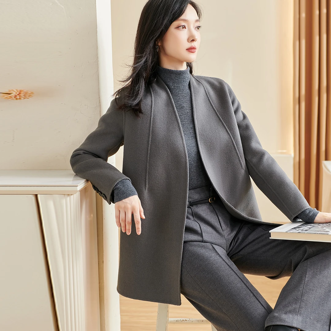 【年终福利】新款简洁大方双面呢外套绵羊毛纯色大衣女5R23DZ3267