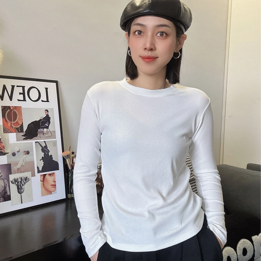 坑条弹力打底衫女装春秋长袖T恤百搭韩版内搭圆领