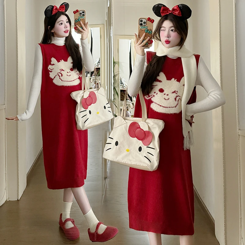 龙年新款秋冬套装韩版时尚宽松卡通新年背心裙+加厚打底两件套