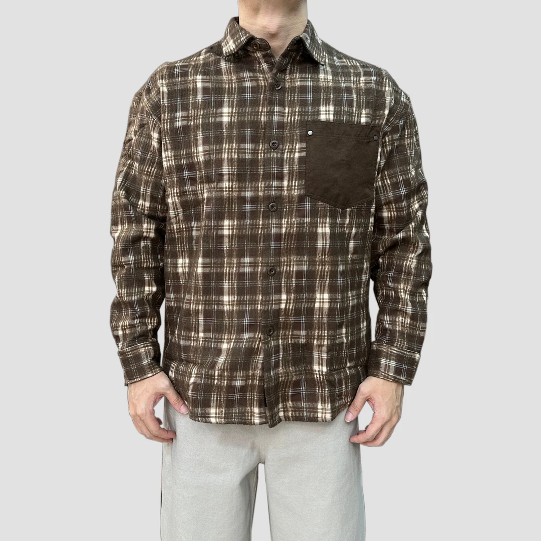 SAN SI ER JIU 秋冬加厚款男士卡其色毛流感格纹翻领衬衫