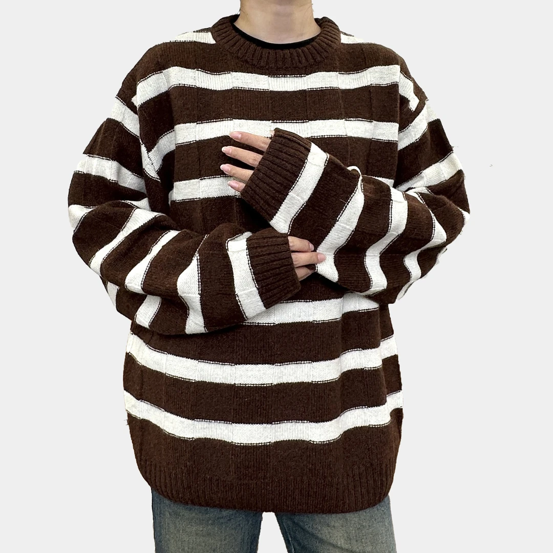 SAN SI ER JIU 复古棕咖色条纹美拉德系冬季男女宽松慵懒毛衣