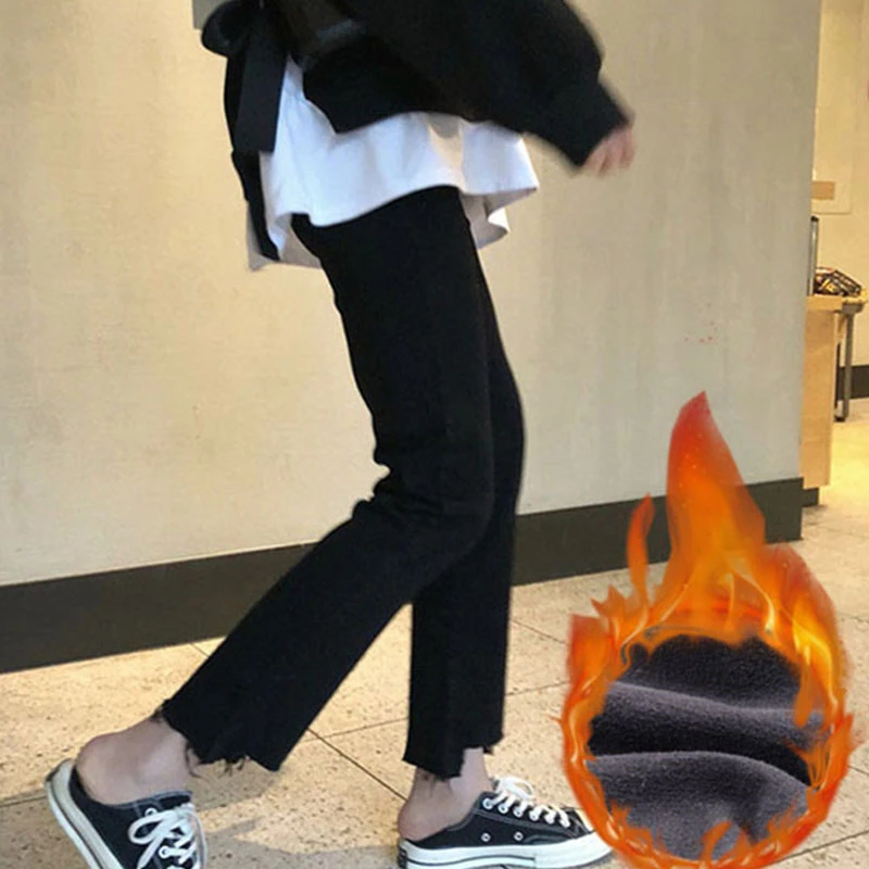 加绒厚绒冬季黑色加绒牛仔显瘦九分大码高腰弹力直筒微喇叭直筒裤