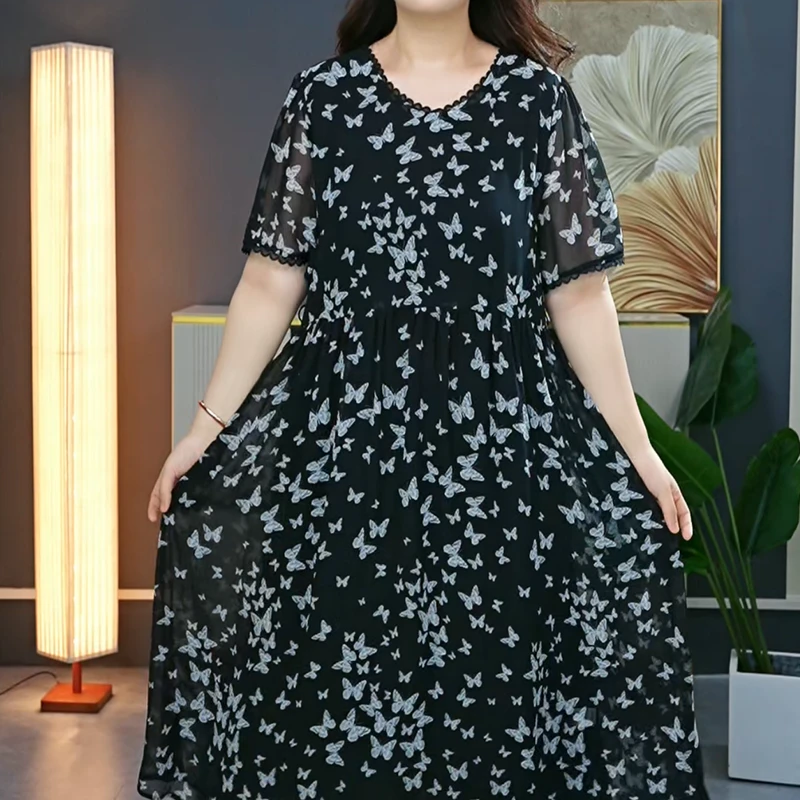 夏季新款短袖气质V领显瘦遮腰大码连衣裙0050