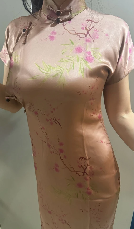 8218【国色粉梅】单层长款时尚气质中国风旗袍