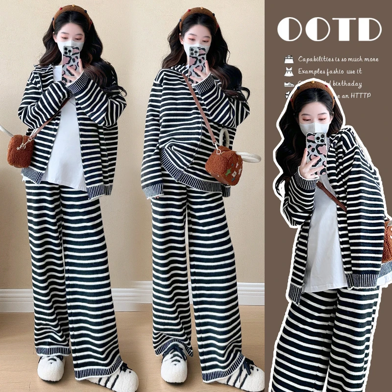 孕妇2024秋冬套装韩版时尚休闲条纹加厚毛衣外套+阔腿裤两件套潮