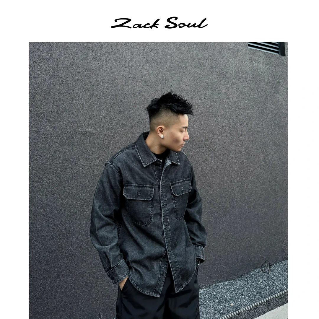 Zack校长 复古水洗蜡染衬衫外套重磅牛仔宽松长袖百搭潮流翻领