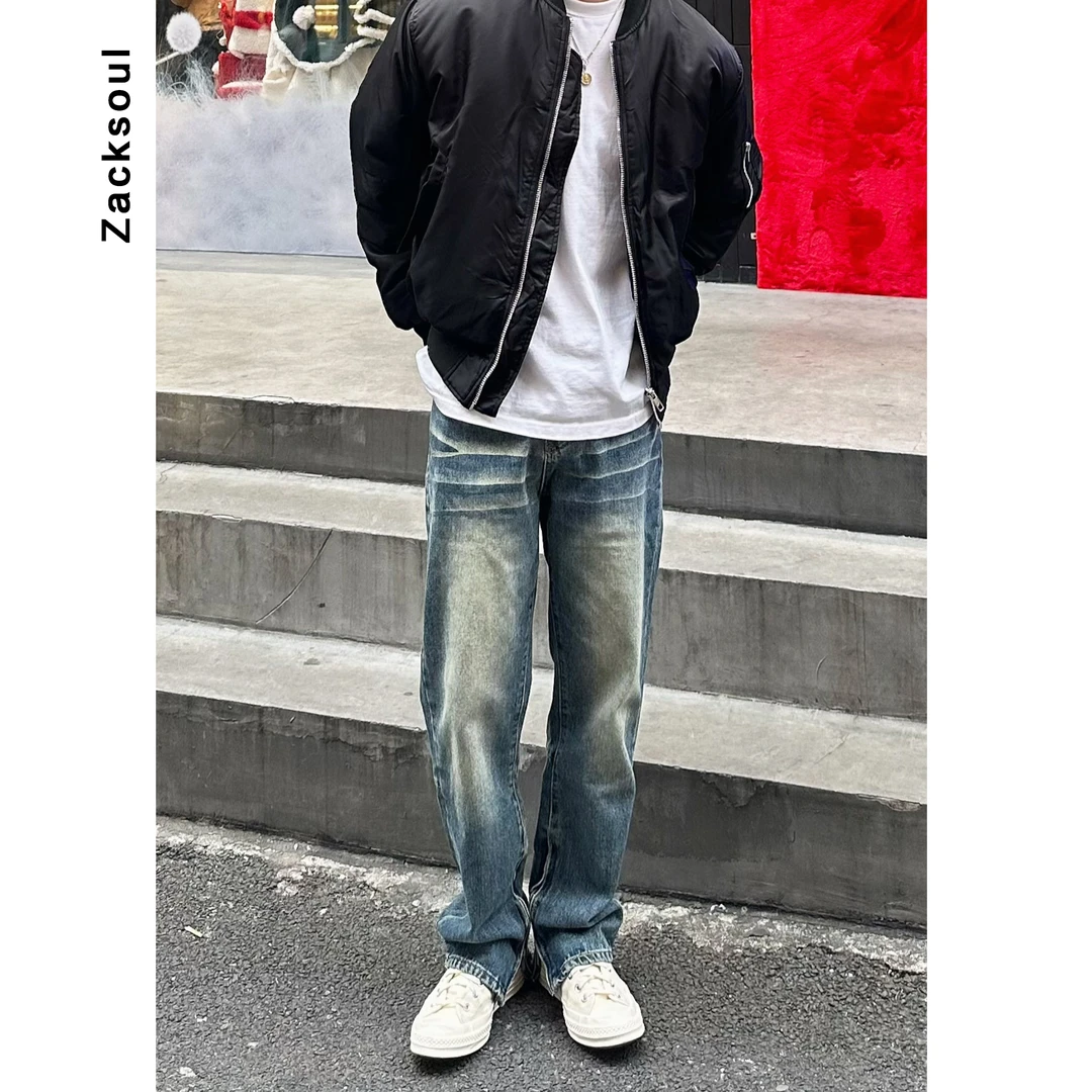 Zack校长 拉链猫须纹直筒牛仔裤重磅12盎司水洗复古百搭休闲美式