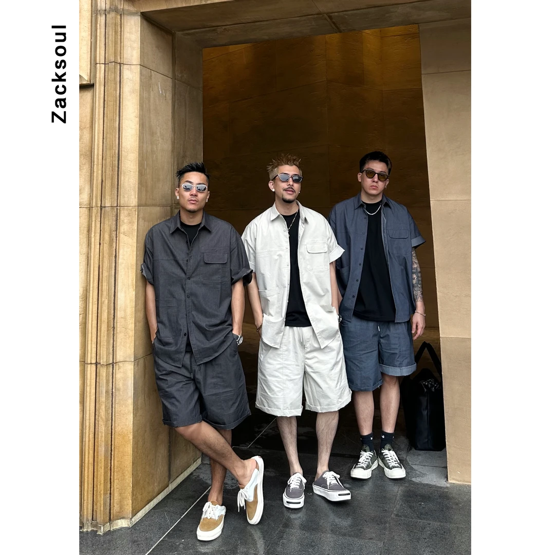 Zack校长 复古翻领蜡染水洗短袖套装日系衬衫短裤夏季薄款套装