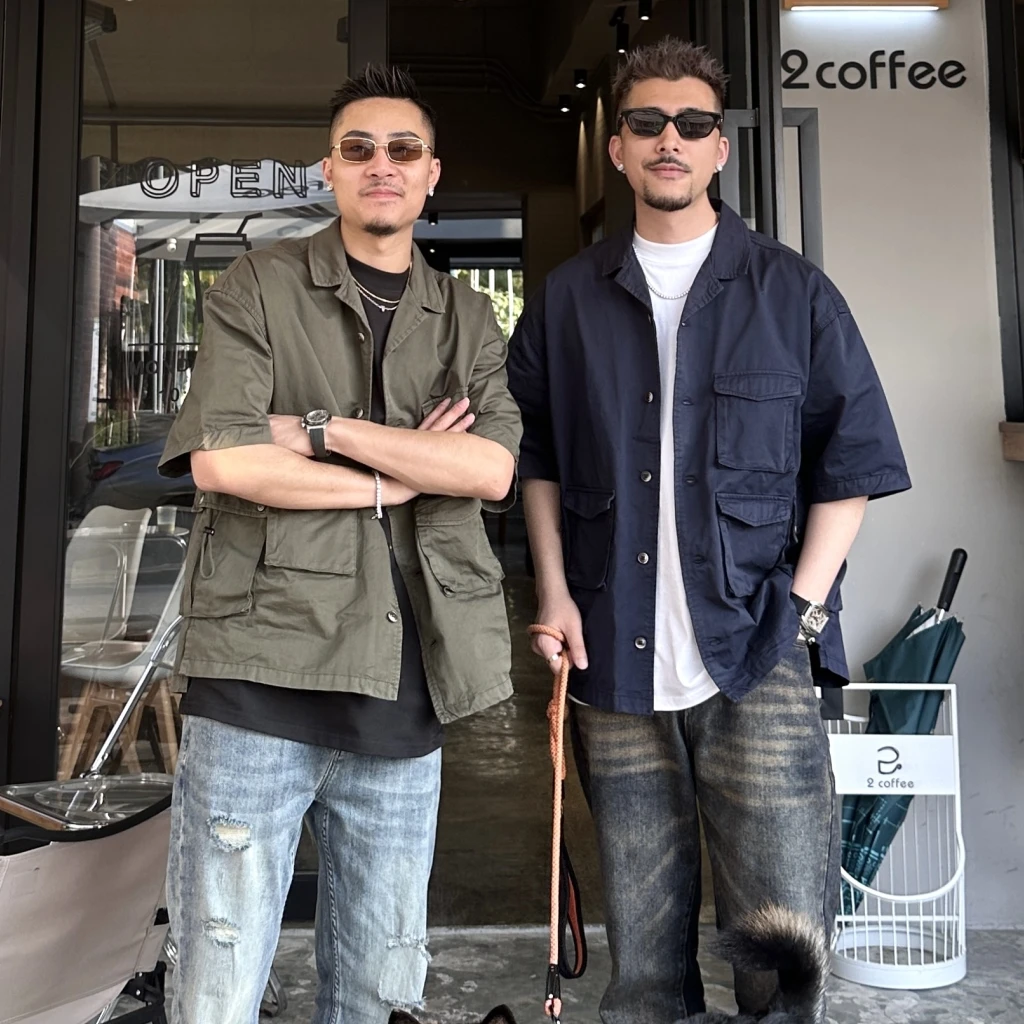 Zack校长 水洗复古刺绣多口袋工装衬衫美式休闲痞帅重工男短袖ins