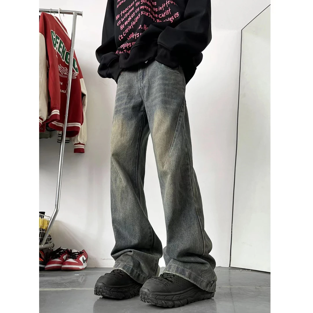 牛仔裤男款秋冬季cleanfit做旧水洗微喇裤子美式复古宽松休闲长裤