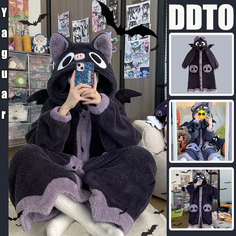 卡通蝙蝠珊瑚绒睡衣女新款冬季加肥加厚毛绒连体睡袍家居服可外穿