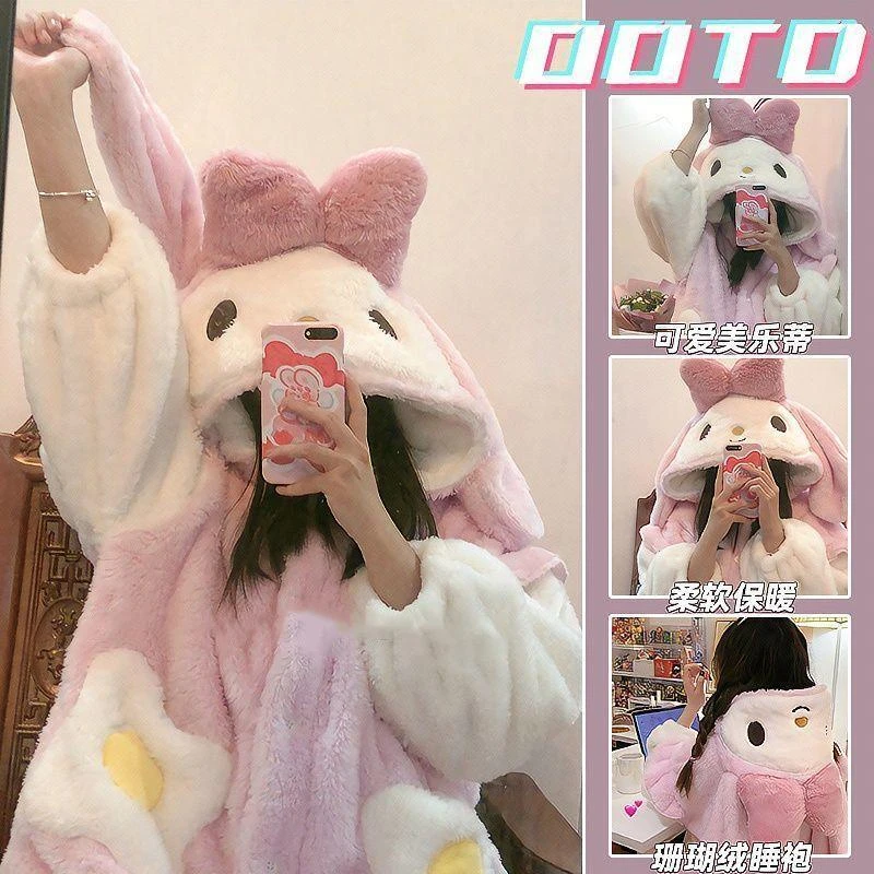 美乐兔睡衣女秋冬季加厚保暖卡通珊瑚绒睡袍学生宿舍甜美可爱浴袍