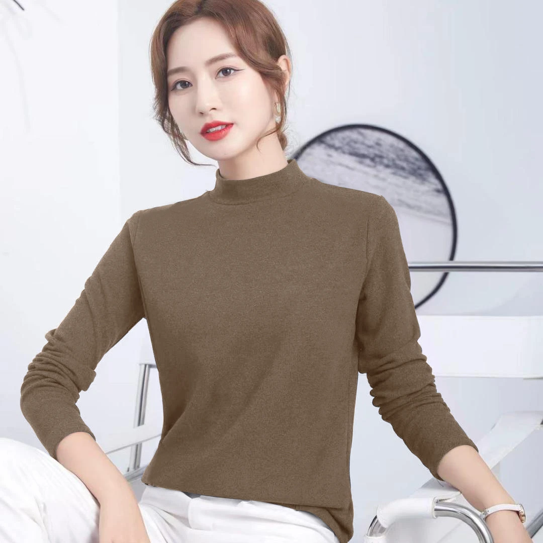 秋冬新款双面德绒螺纹长袖t恤女装修身显瘦气质简约纯色打底衫潮