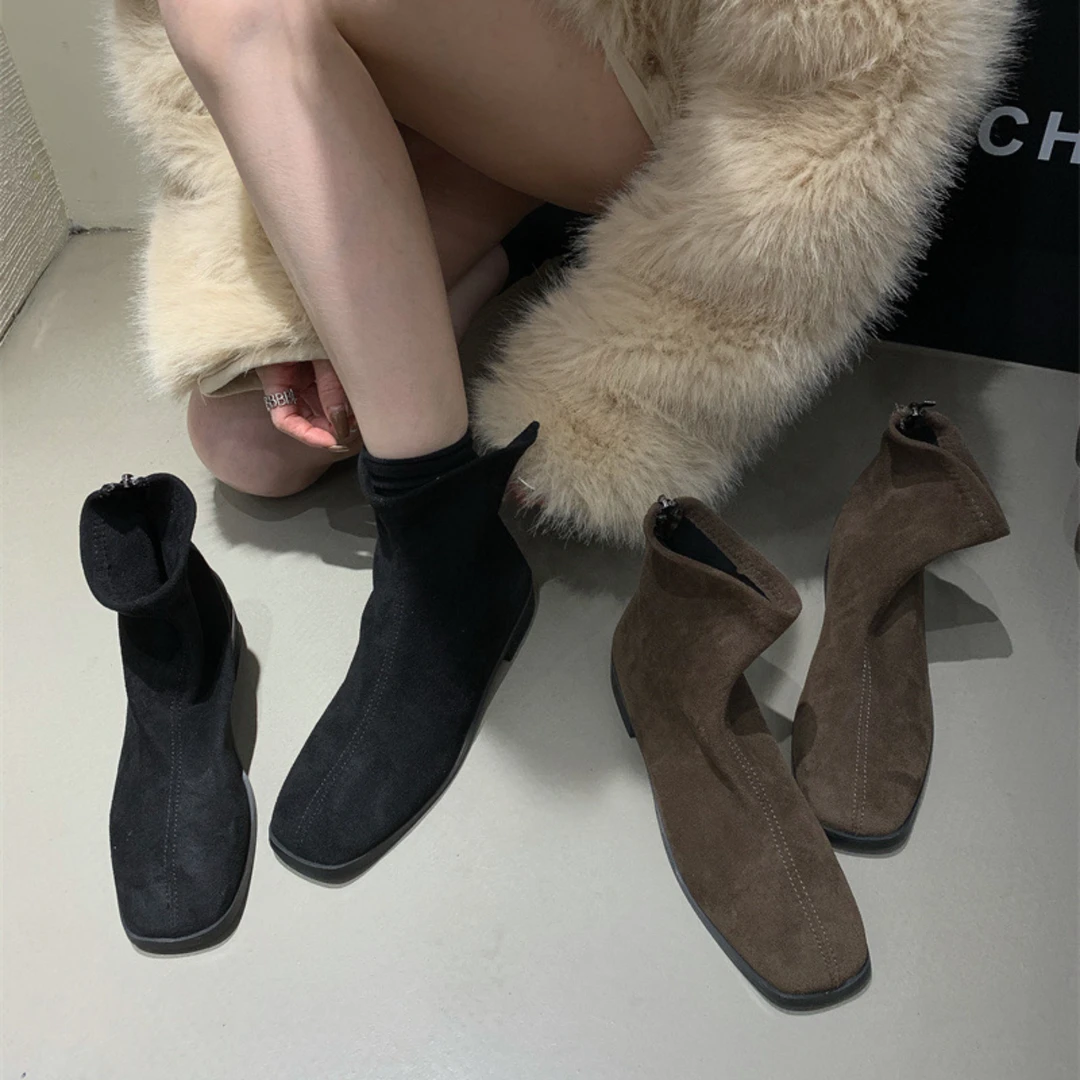 韩版短靴女绒面低跟显脚小方头网红瘦瘦秋款弹力软绒面靴子马丁靴