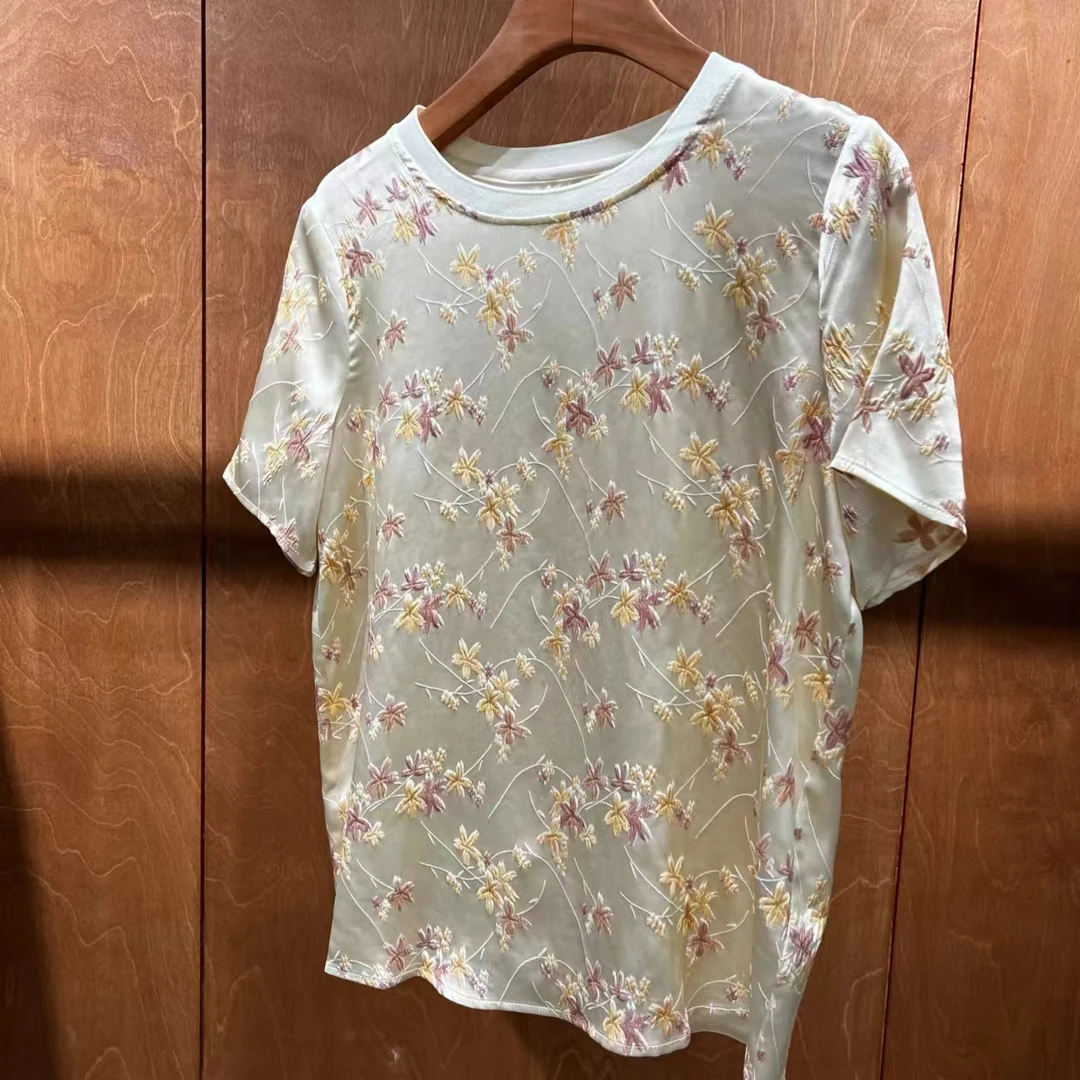 【小黑家】高端双色桑蚕丝提花极简温柔富贵花百搭短袖T恤Y336