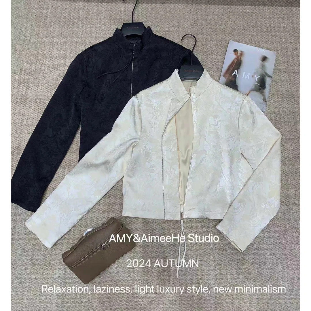 【小黑家】52高端羊M莱塞R改良国风提花拉链夹克百搭外套Y35