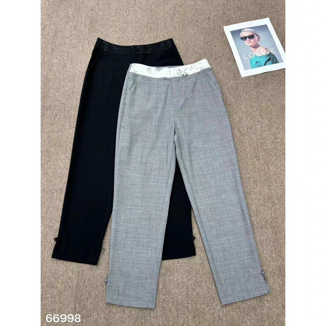 【小黑家】长88高端腰头竹叶印花拼接夏季薄款简约脚口开叉休闲裤Y1