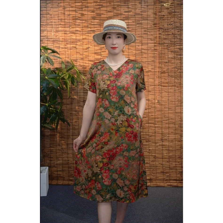 2385号夏季时尚显瘦气质短袖妈妈装中老年宽松大码百搭透气连衣裙