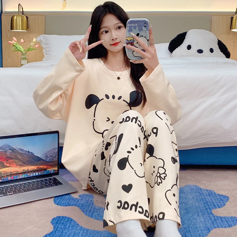 2024秋季新款带胸垫女士睡衣圆领卡通长袖长裤套装可外穿家居服