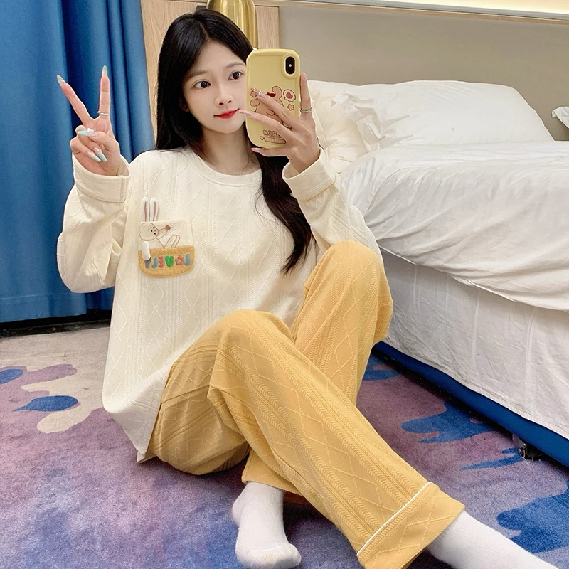 睡衣女春秋款提花棉长袖带胸垫2025新款韩版宽松可外穿家居服套装