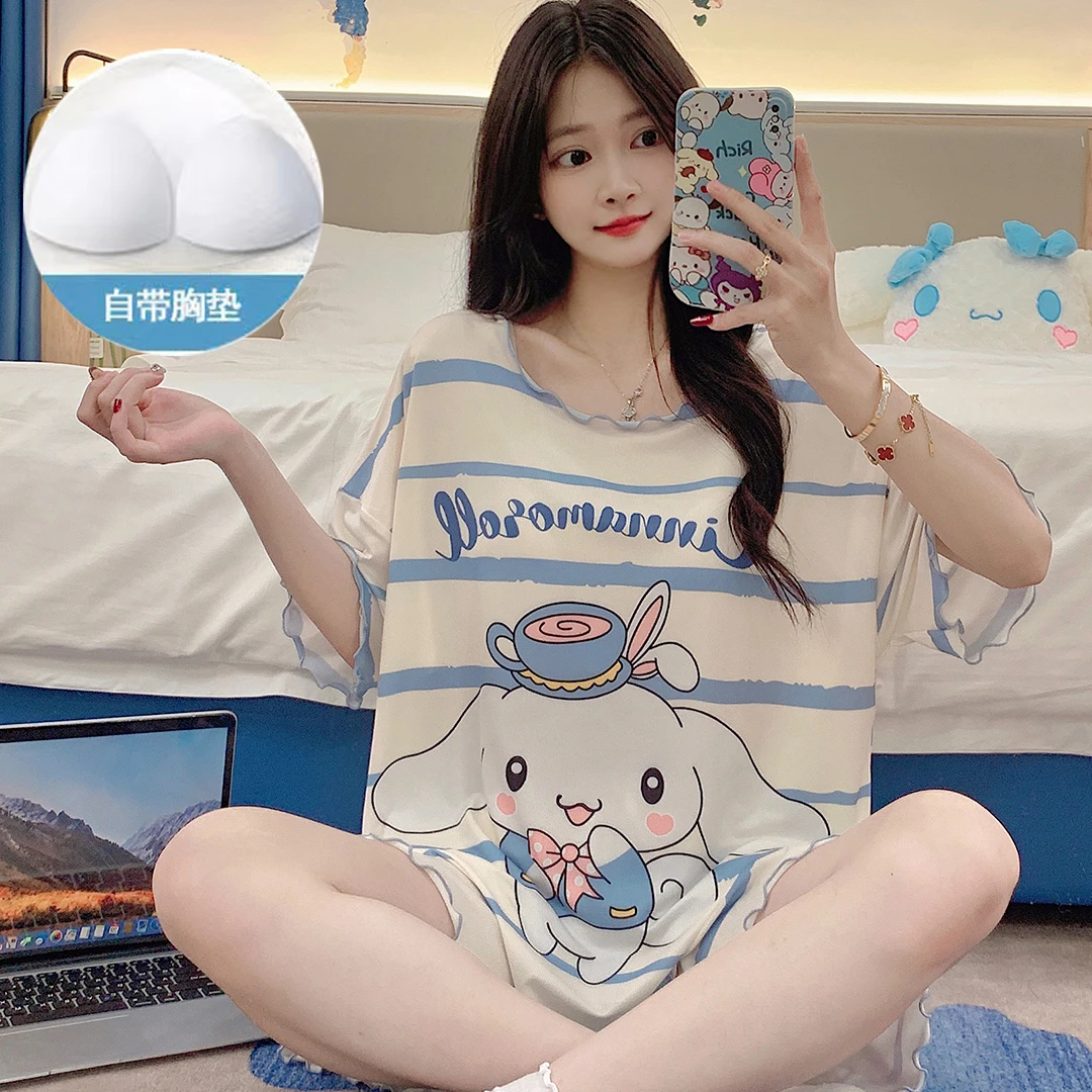 带胸垫冰丝睡衣女夏季短袖短裤薄款ins高档凉快女士家居服两件装
