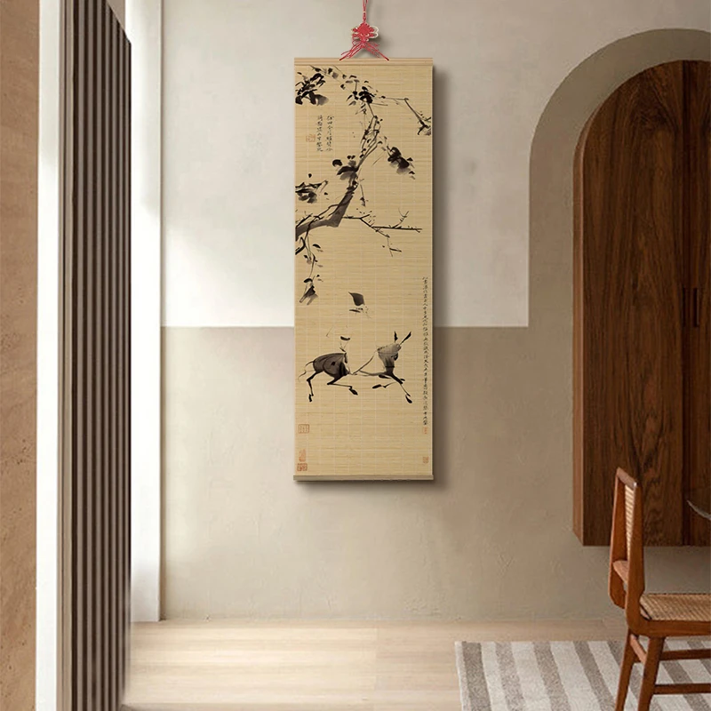 【徐渭驴背吟诗图】背景墙国画装饰竹子编织工艺挂画30cm*110cm