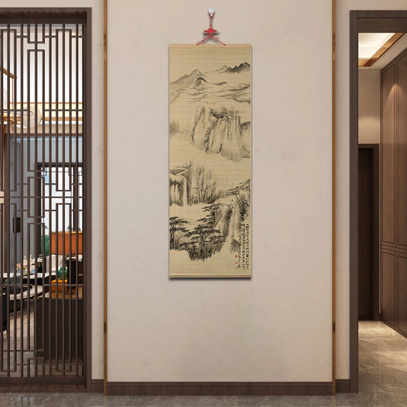 【张大千】中国风山水画纯手工编织竹编挂画玄关装饰画隔断60*120