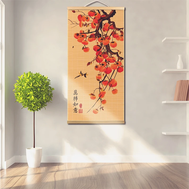 中式柿柿如意 纯手工编织竹编挂画玄关中堂客厅装饰画隔断60*120