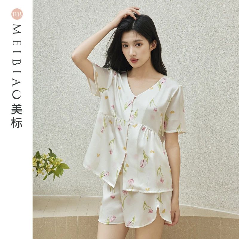 美标100%桑蚕丝夏季舒适时尚女士宽松睡衣短袖短裤女套装100183
