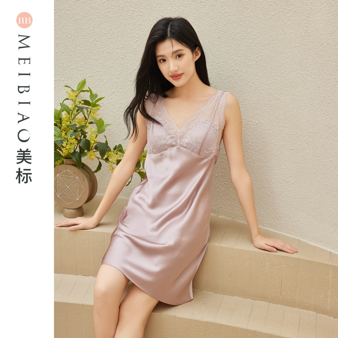 美标夏季100%桑蚕丝重磅19姆米性感无袖真丝吊带睡裙家居服100003