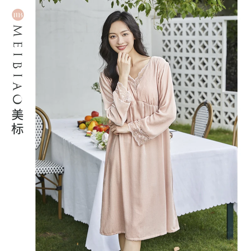 美标100桑蚕丝真丝绒秋冬季女士法式蕾丝带胸垫睡裙家居服100150