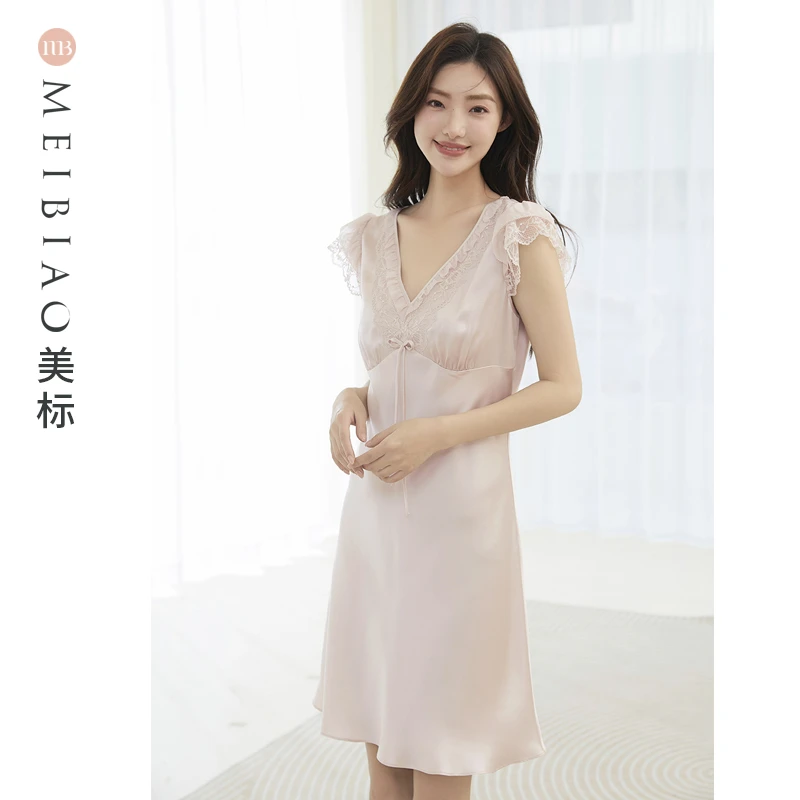 美标夏季100%桑蚕丝女士睡裙法式浪漫蕾丝睡衣丝绸家居服100166