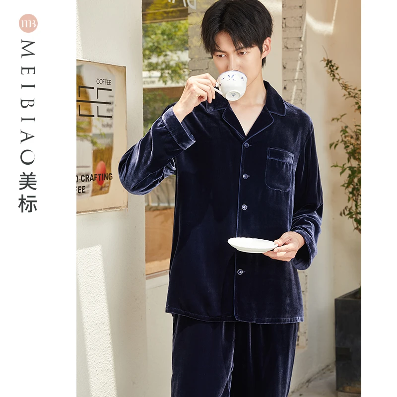 美标秋冬男士高端真丝绒100%桑蚕丝睡衣套装休闲气质家居服100143