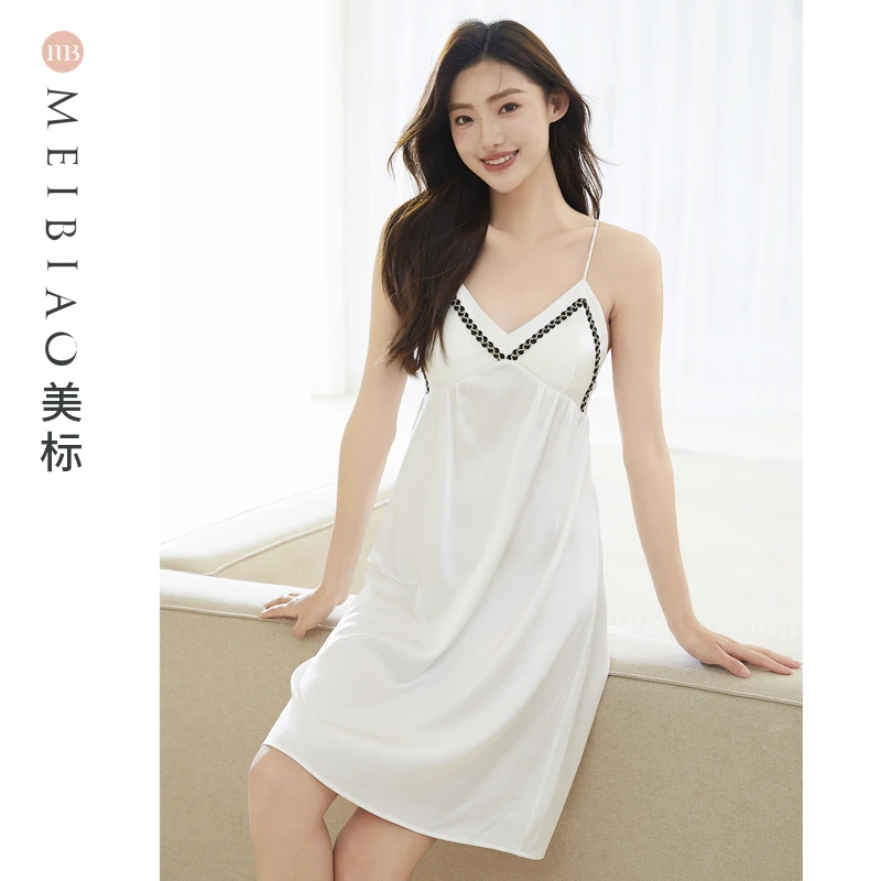 美标夏季100%桑蚕丝女士轻柔透气吊带睡衣睡裙家居服 100170
