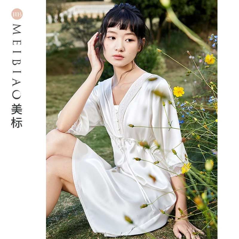 美标女款100%桑蚕丝春秋系带蕾丝连衣裙可外穿真丝家居服  100085