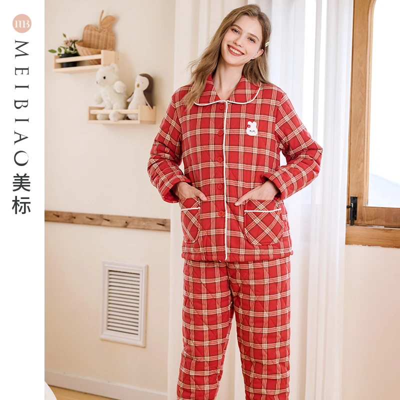 美标新款三层加厚夹棉纯棉女冬季全棉休闲格子保暖家居服95583