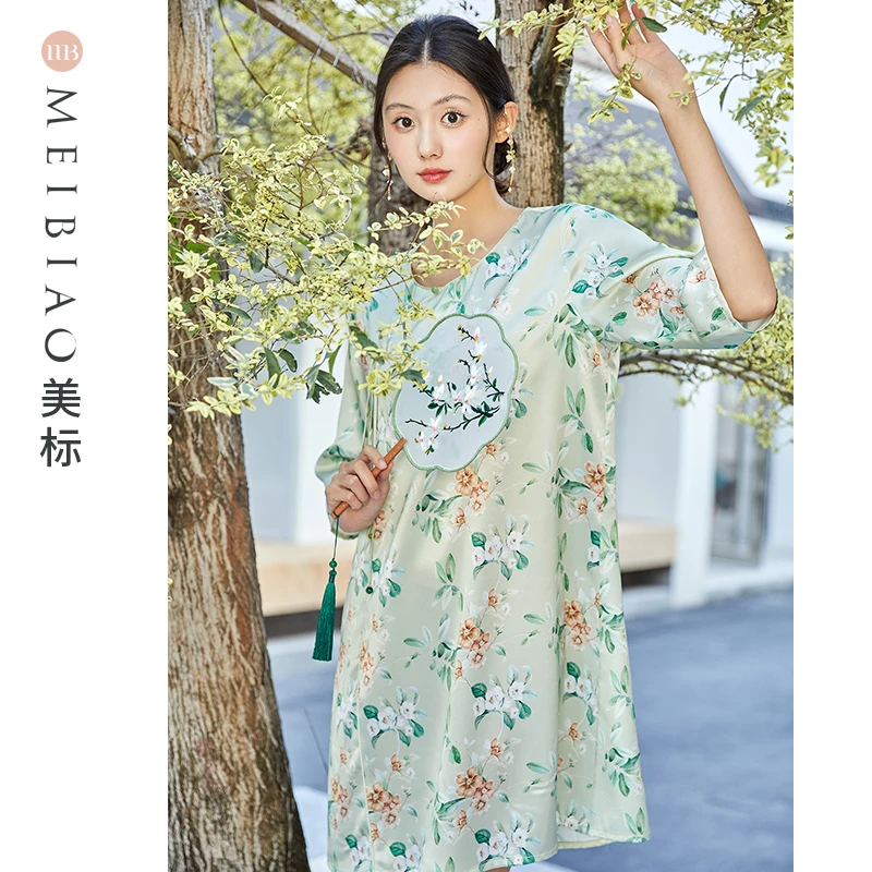 美标100%桑蚕丝19姆米国风系列印花睡裙气质可外穿家居服  100087