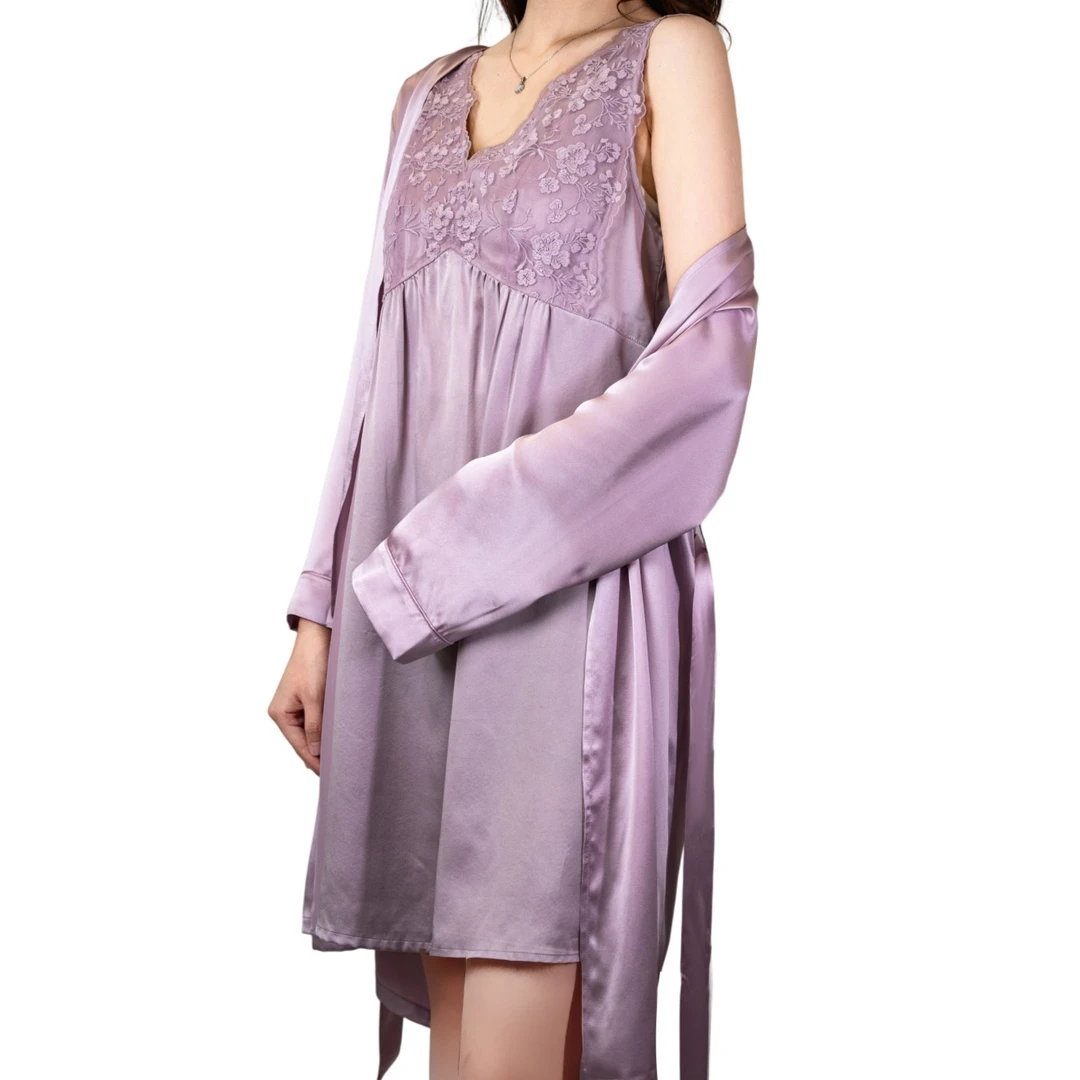 美标重磅19姆米100%桑蚕丝紫色外袍睡裙女士真丝睡衣家居服100146
