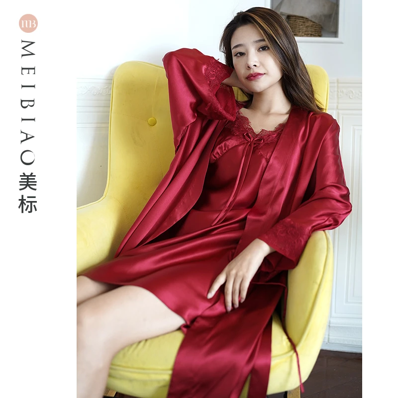 美标【红玫瑰】100%桑蚕丝女士红色吊带睡袍两件套丝绸家居服200003